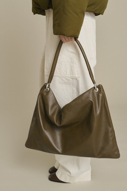 Gia Tote Bag - Khaki Smooth Leather with Eyelets Women - Soeur